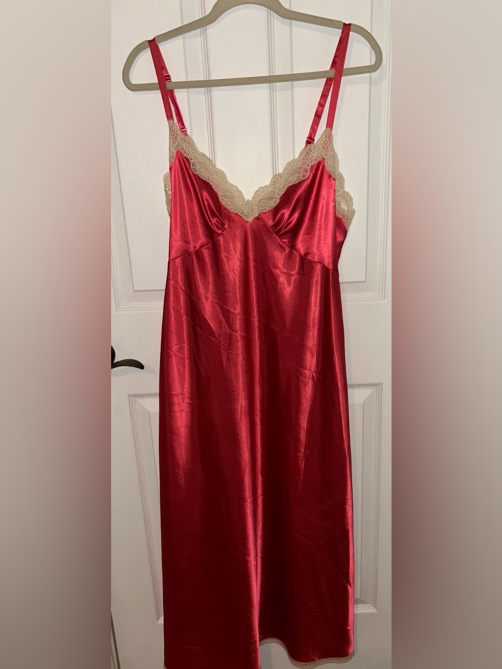 Oscar de la Renta Red Satin Chemise with Cream Lace Trim